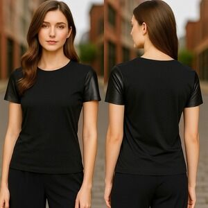 Vince‎ T Shirt Cotton Black Lamb Leather Short Sleeves Women's Size M NWT $195